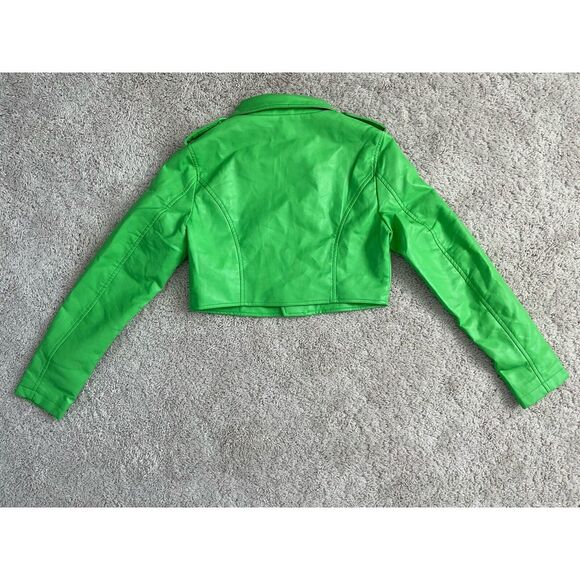 Women's Juniors Daisy Size Medium Neon Green Faux Leather Cropped Moto Jacket - Picture 3 of 3